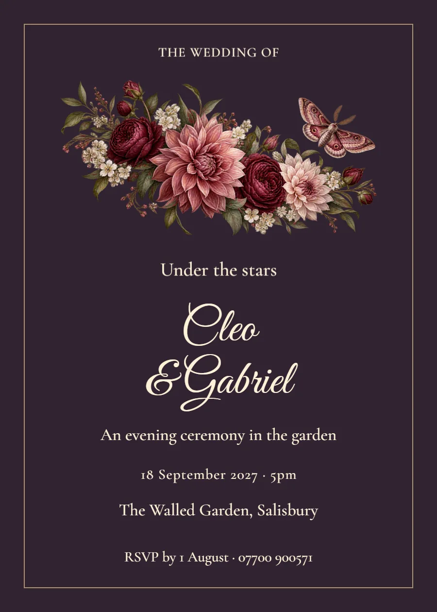 After Dark Garden – wedding invitation: printable design preview