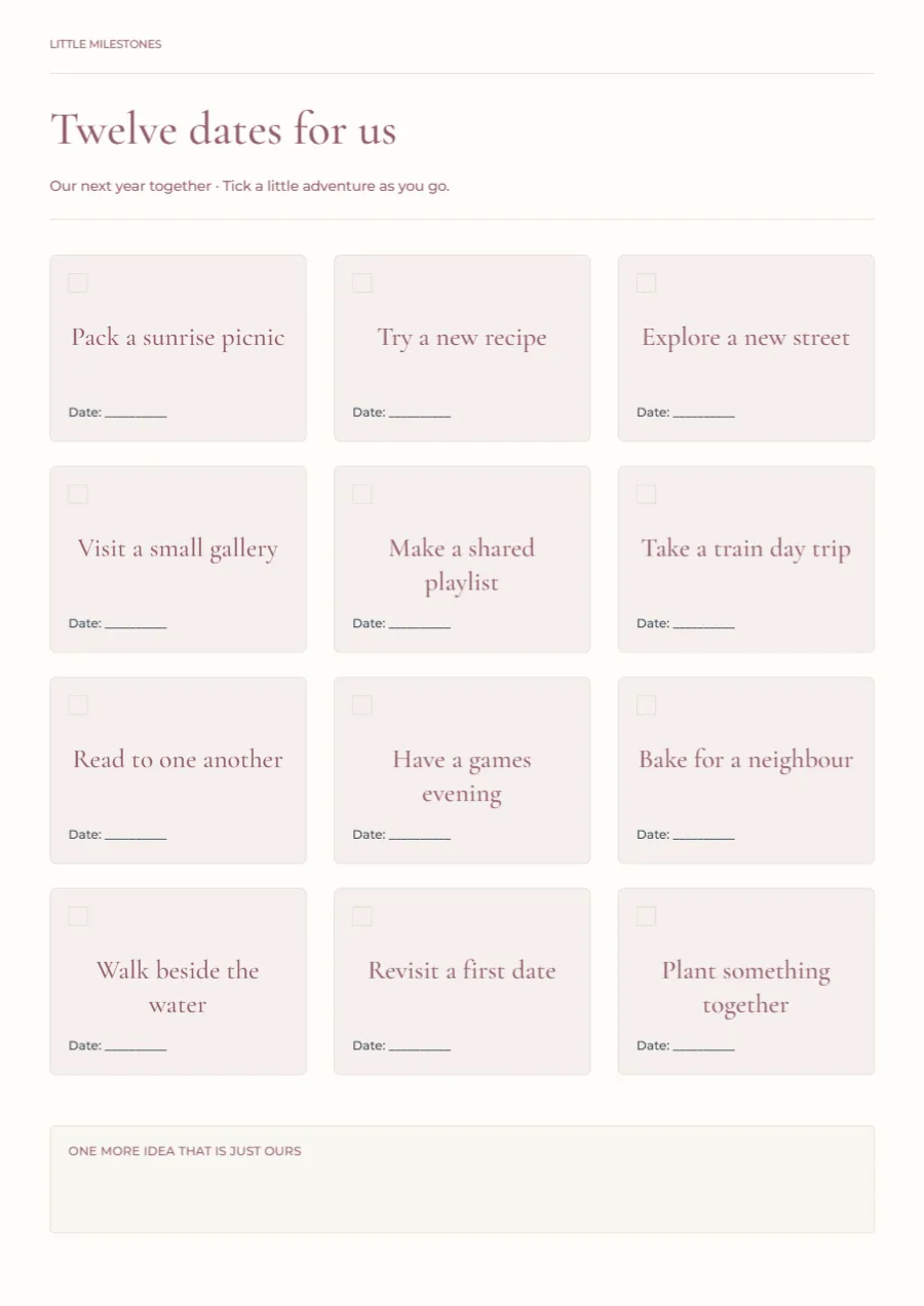 Twelve dates for us – anniversary activity board: printable design preview