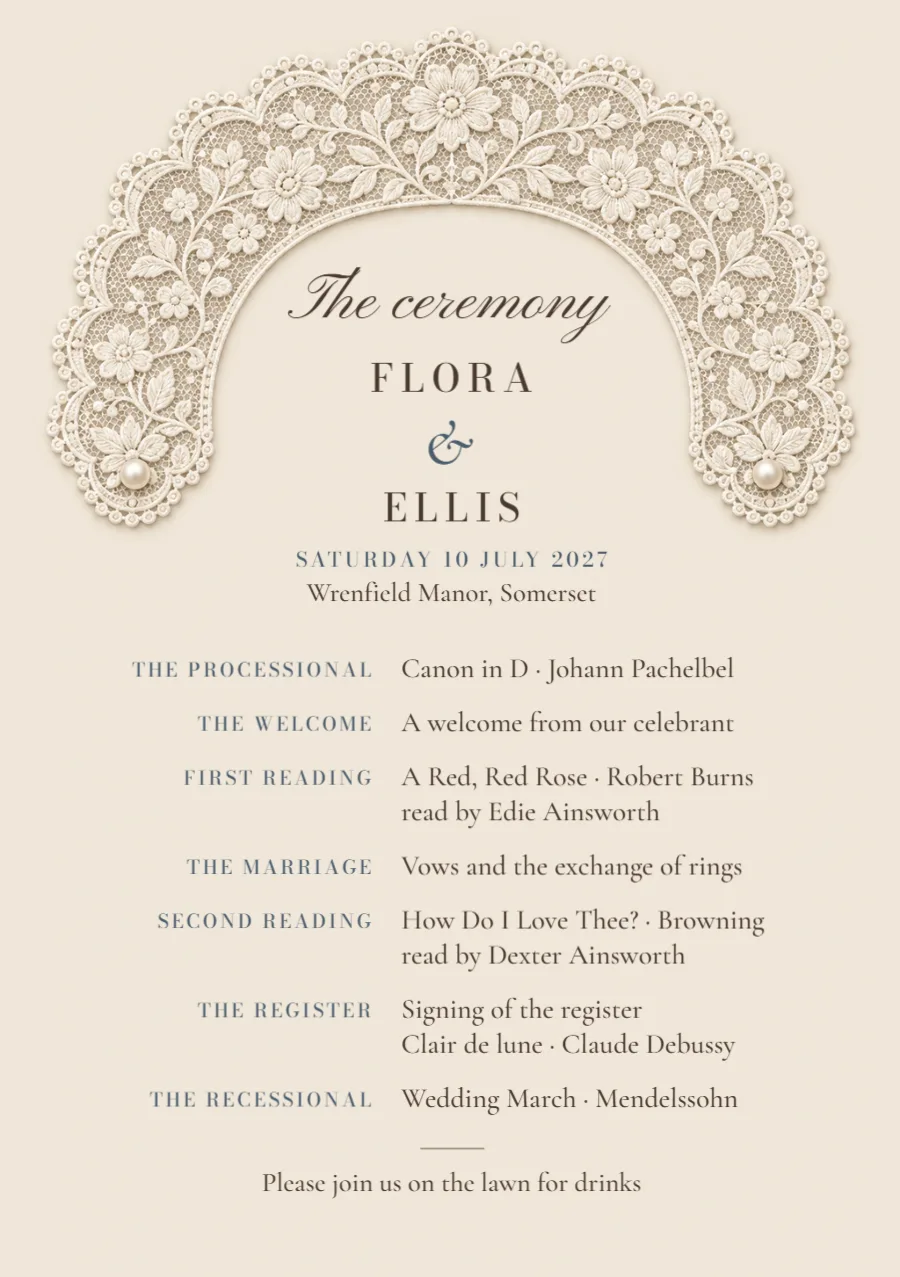 Antique lace – order of service: printable design preview