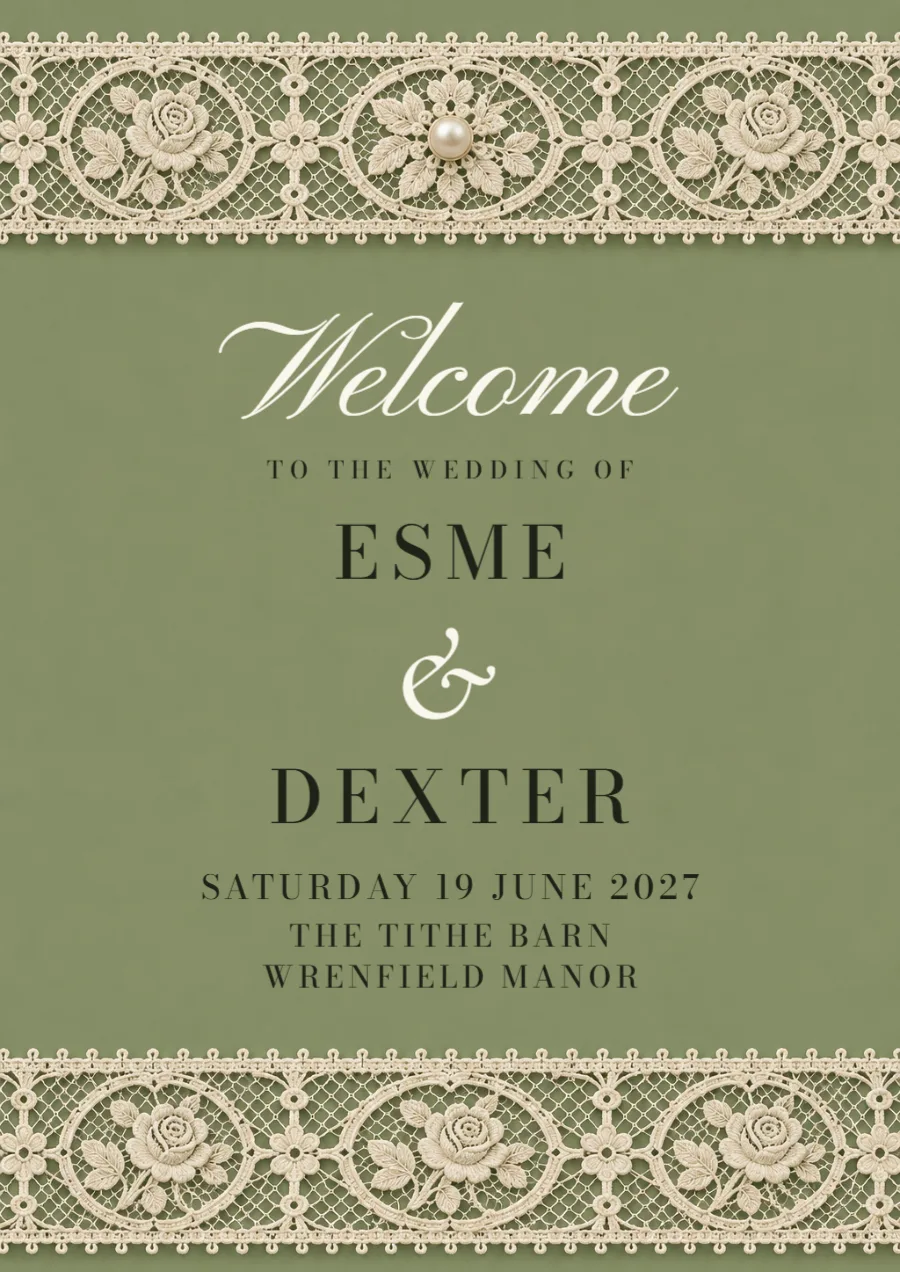Antique lace – wedding welcome sign: printable design preview