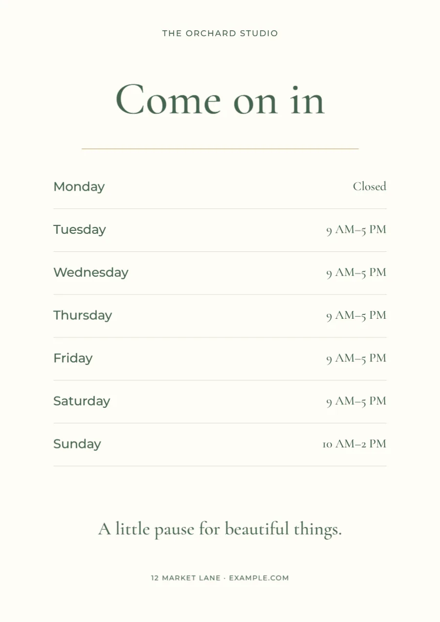 Come on in – studio hours: printable design preview