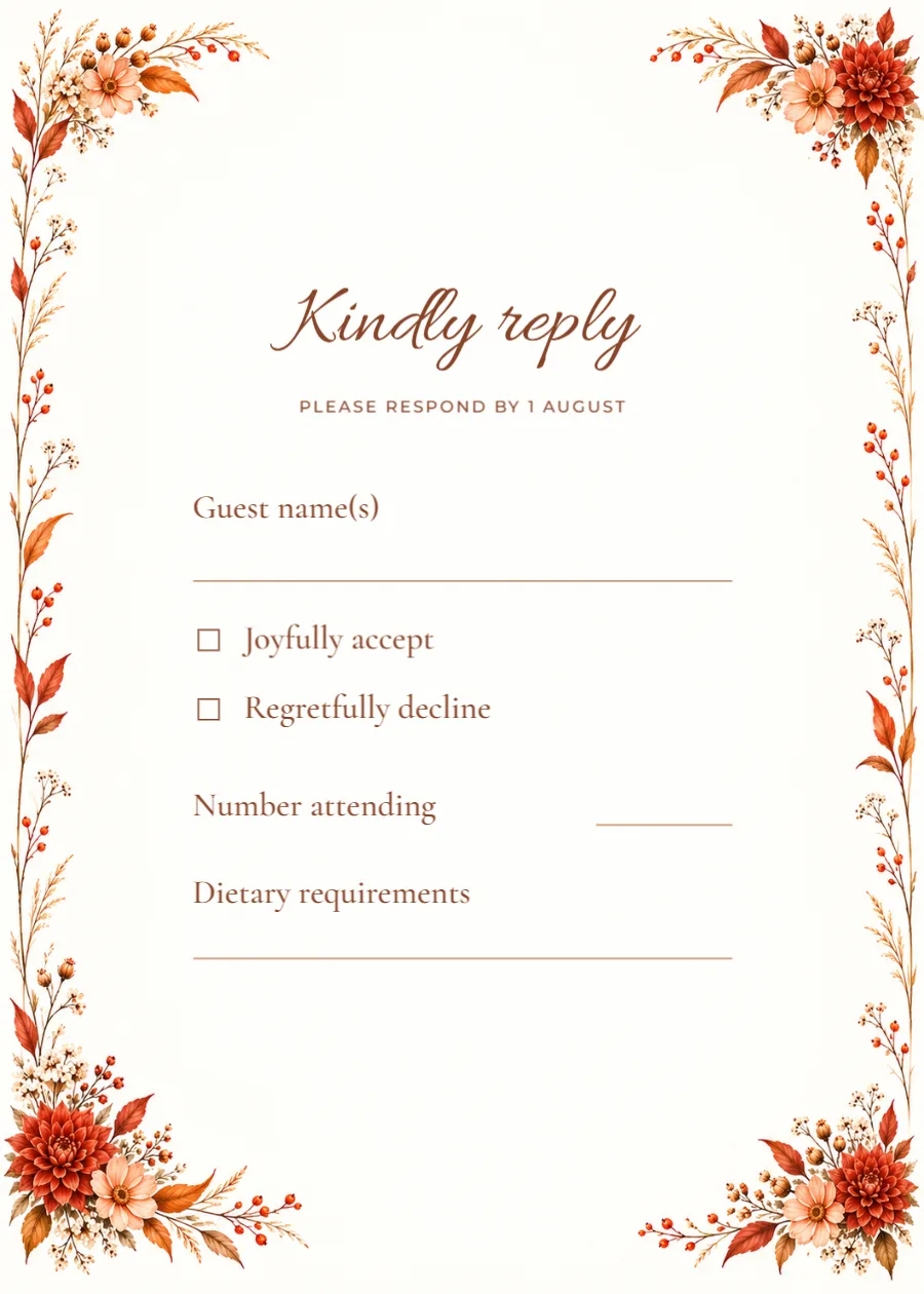 Autumn dahlia – RSVP reply card: printable design preview