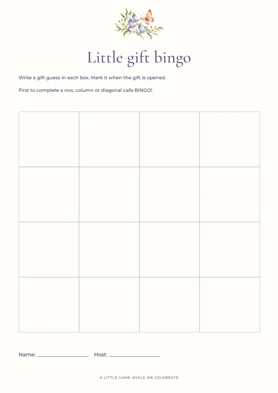 Little gift bingo – shower activity: printable design preview