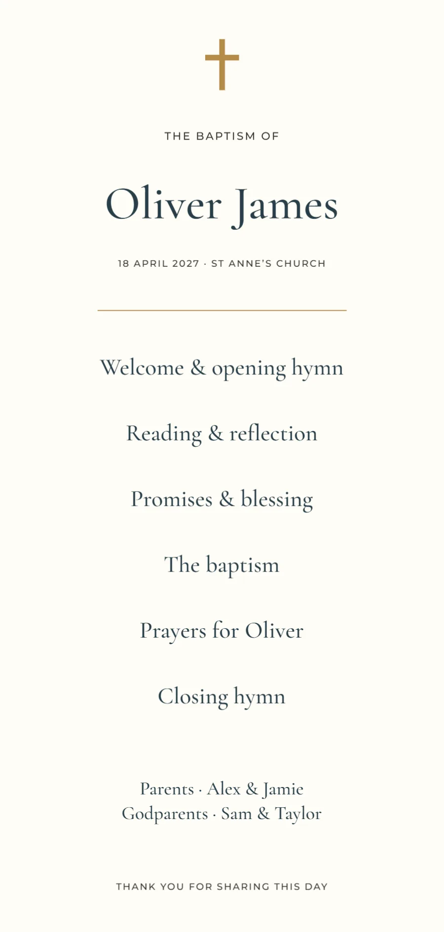 Together for Oliver – baptism programme: printable design preview