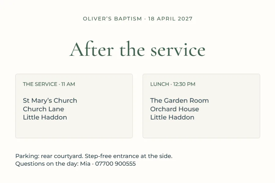 After the service – baptism details insert: printable design preview