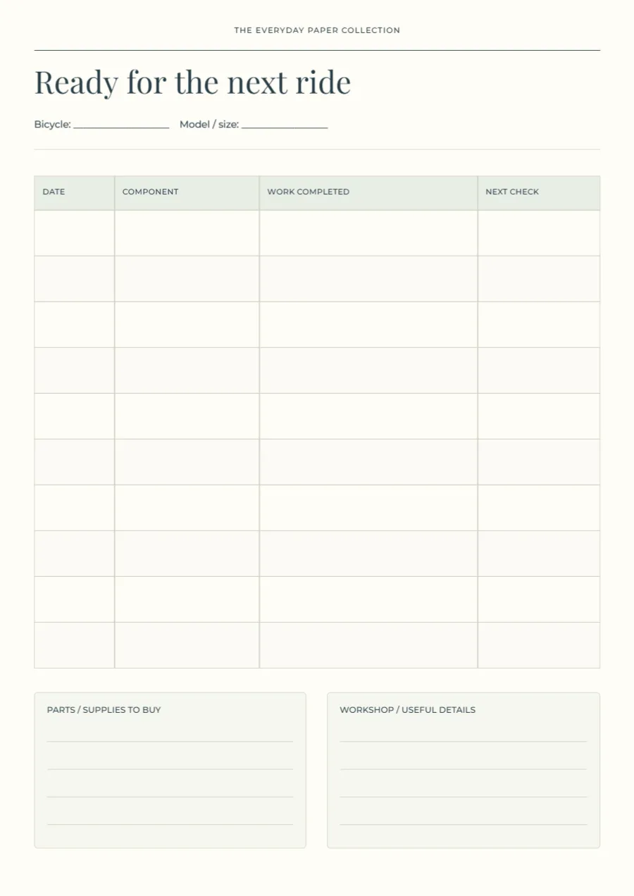 Ready for the next ride – bicycle log: printable design preview