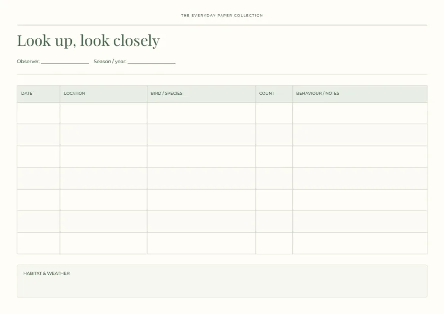 Look up, look closely – birdwatching log: printable design preview