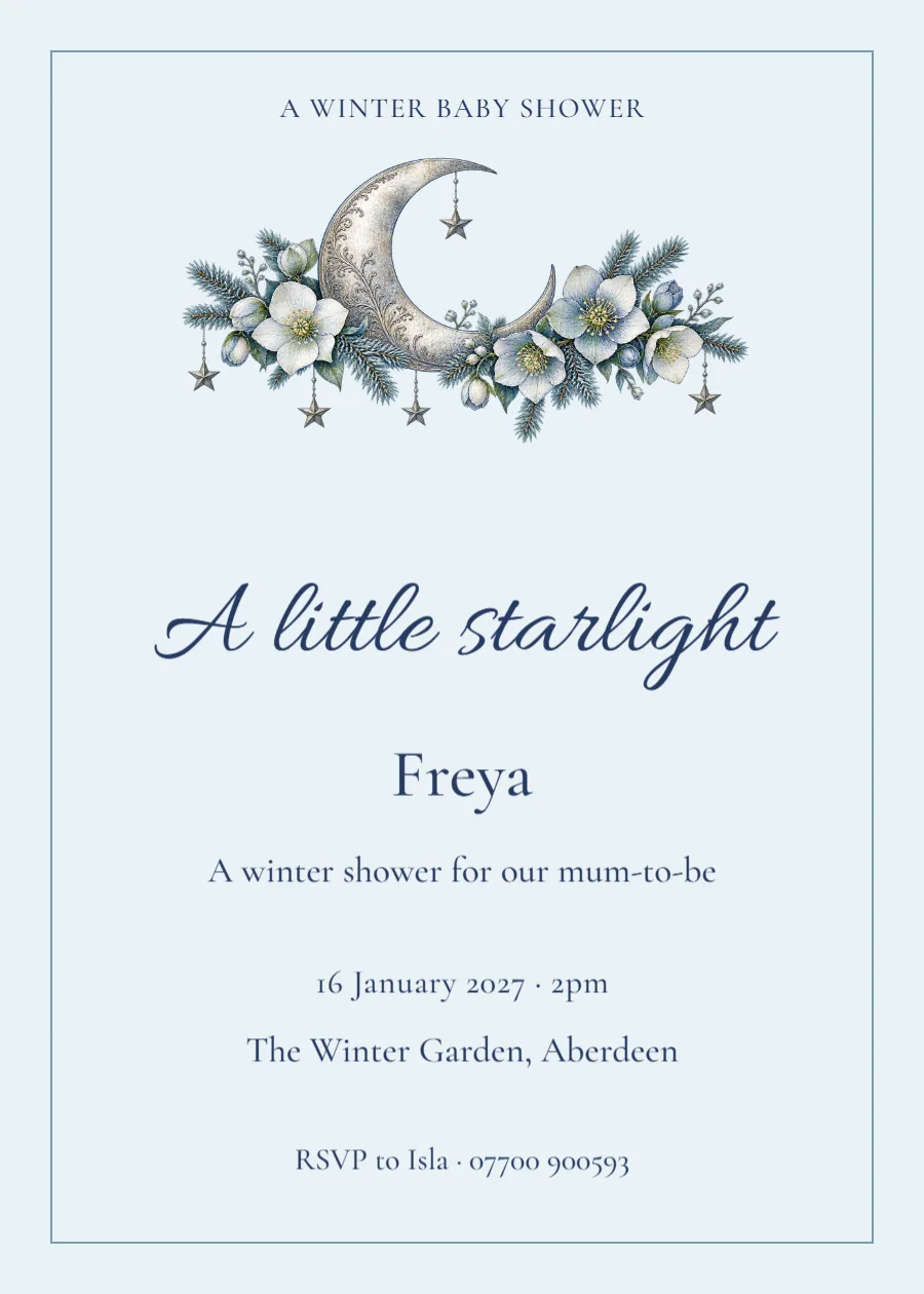 Blue Hour – winter baby shower: printable design preview