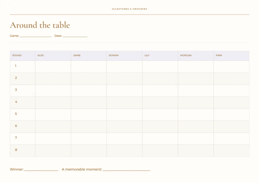 Around the table – game-night scores: printable design preview