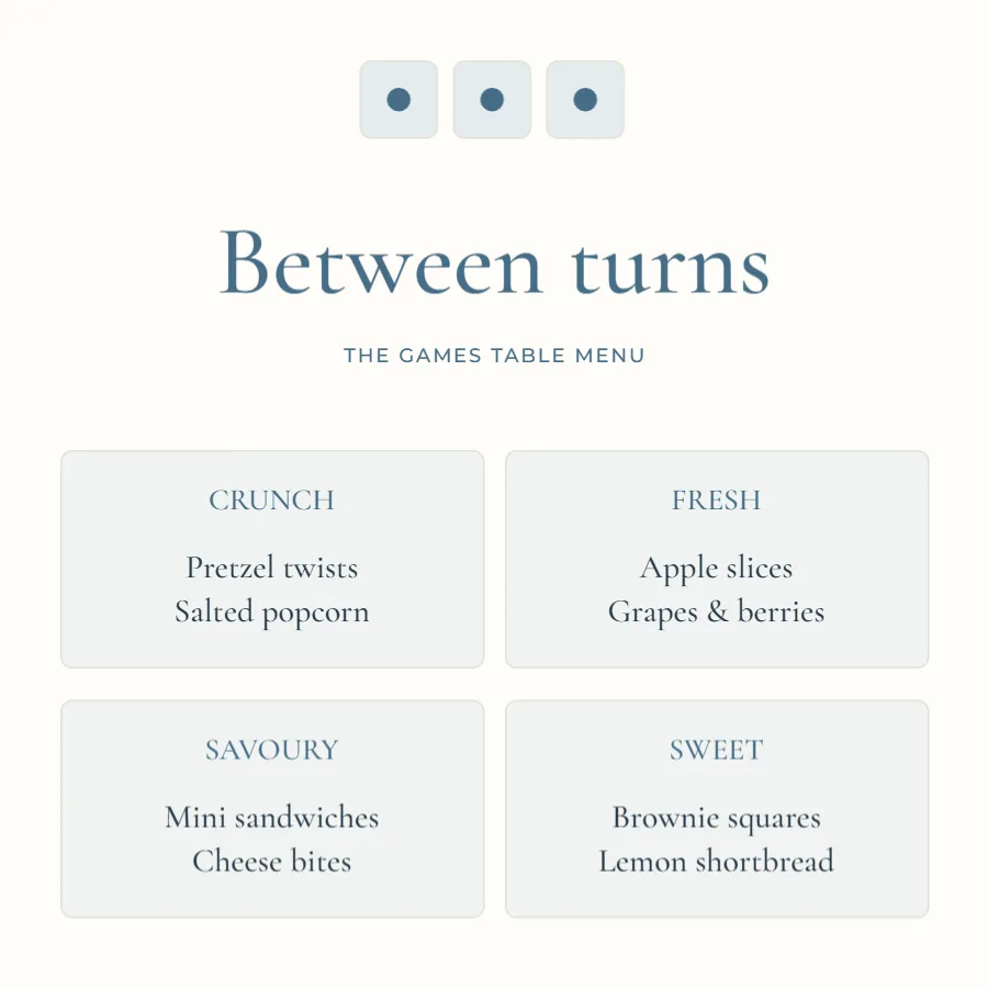 Between turns – games table snack menu: printable design preview