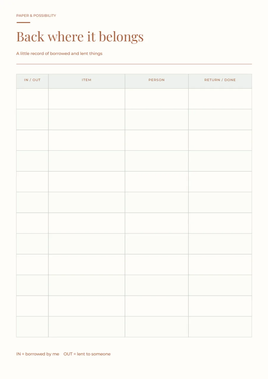 Back where it belongs – lending log: printable design preview