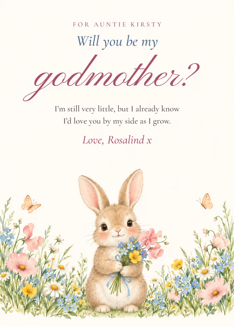 Bunny posy – godmother proposal card: printable design preview