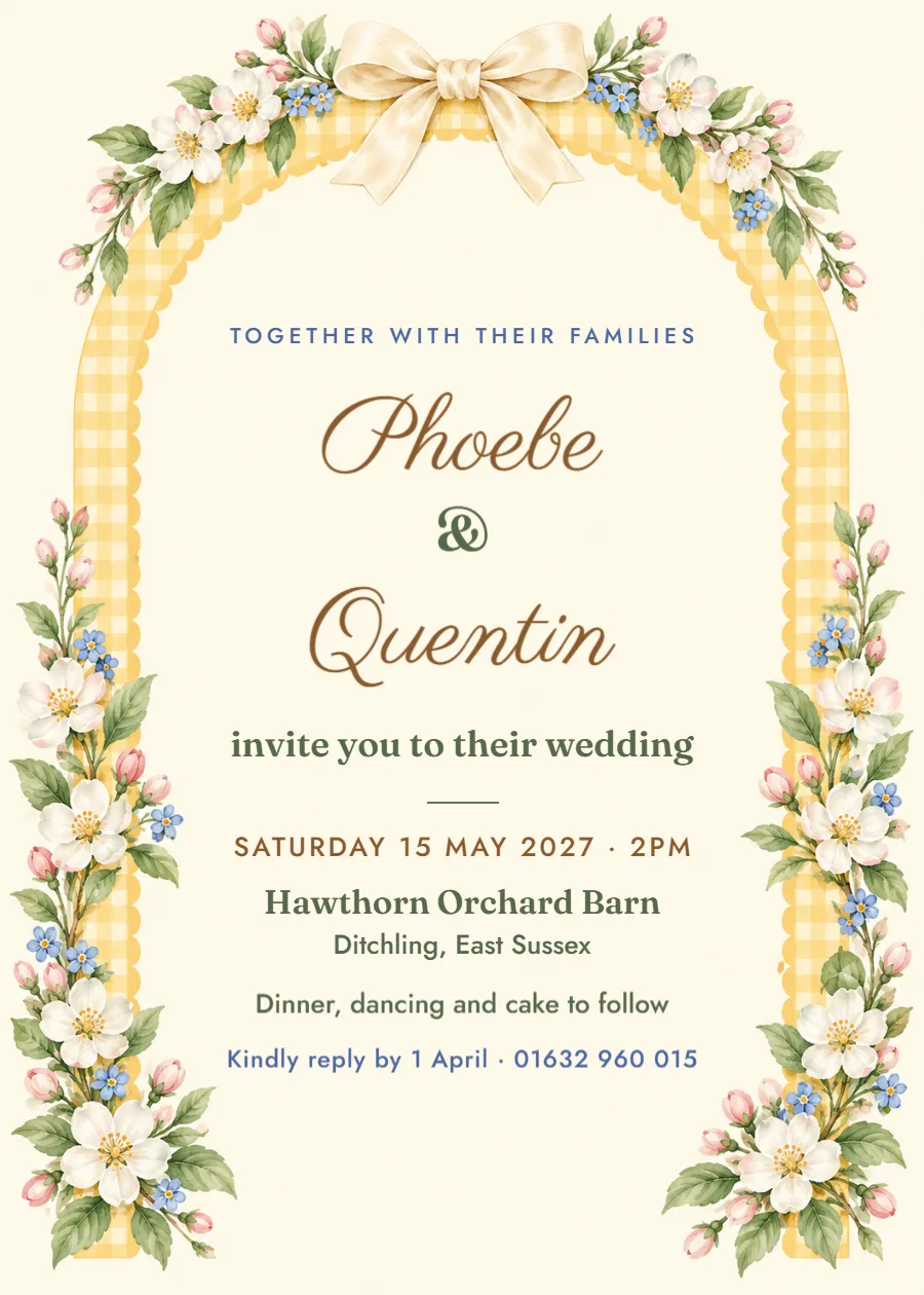 Butter gingham – spring wedding invitation: printable design preview