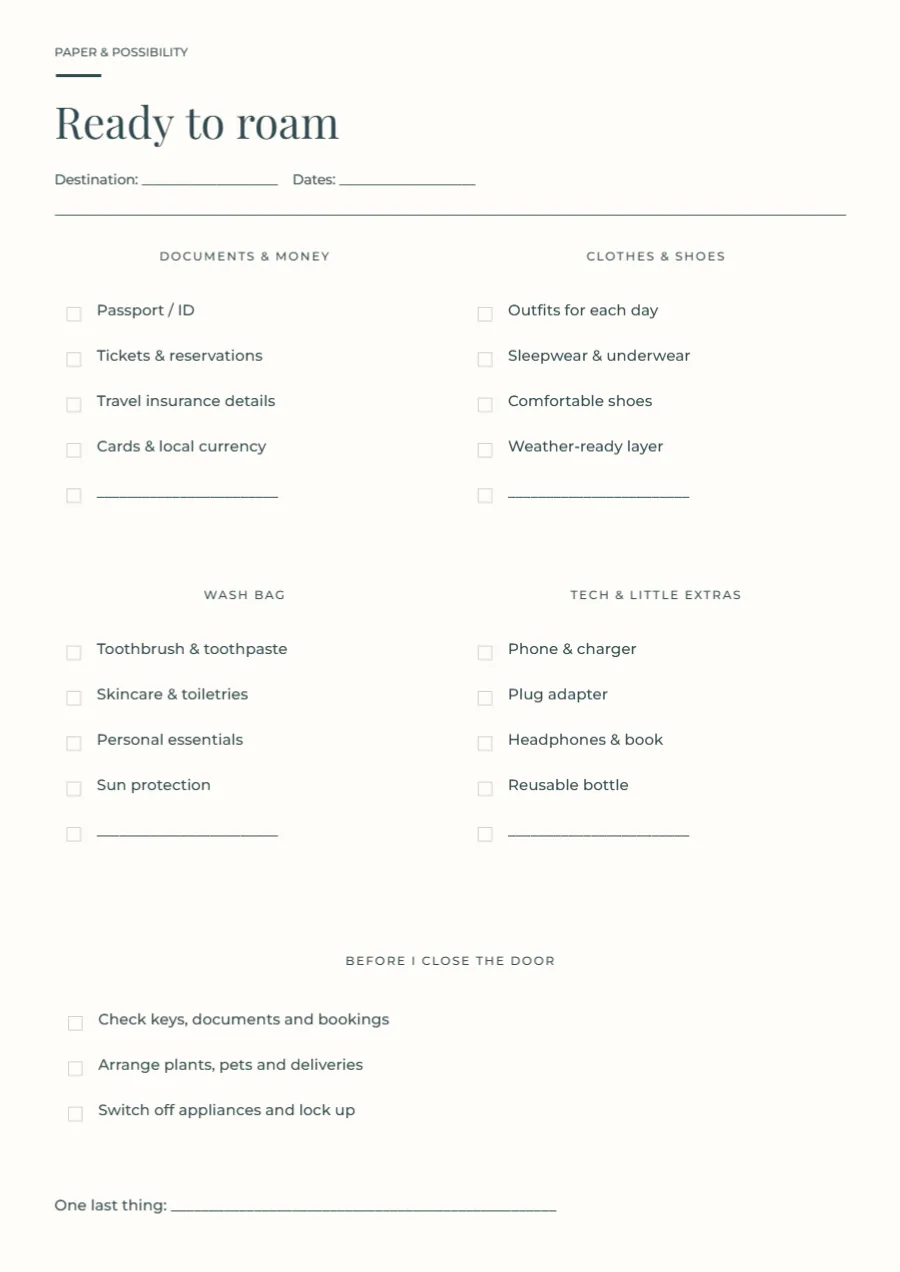 Ready to roam – packing checklist: printable design preview