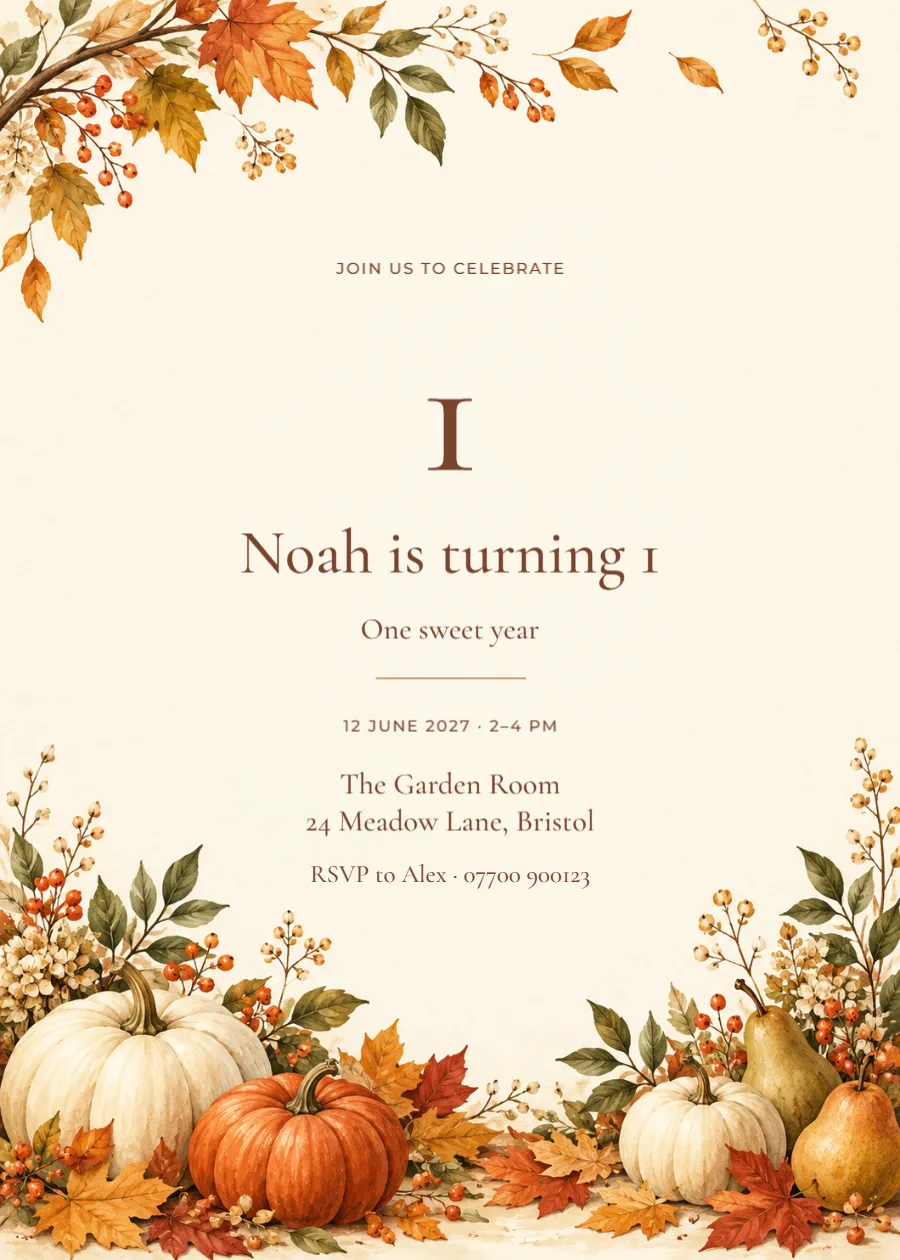 Autumn supper – first birthday: printable design preview