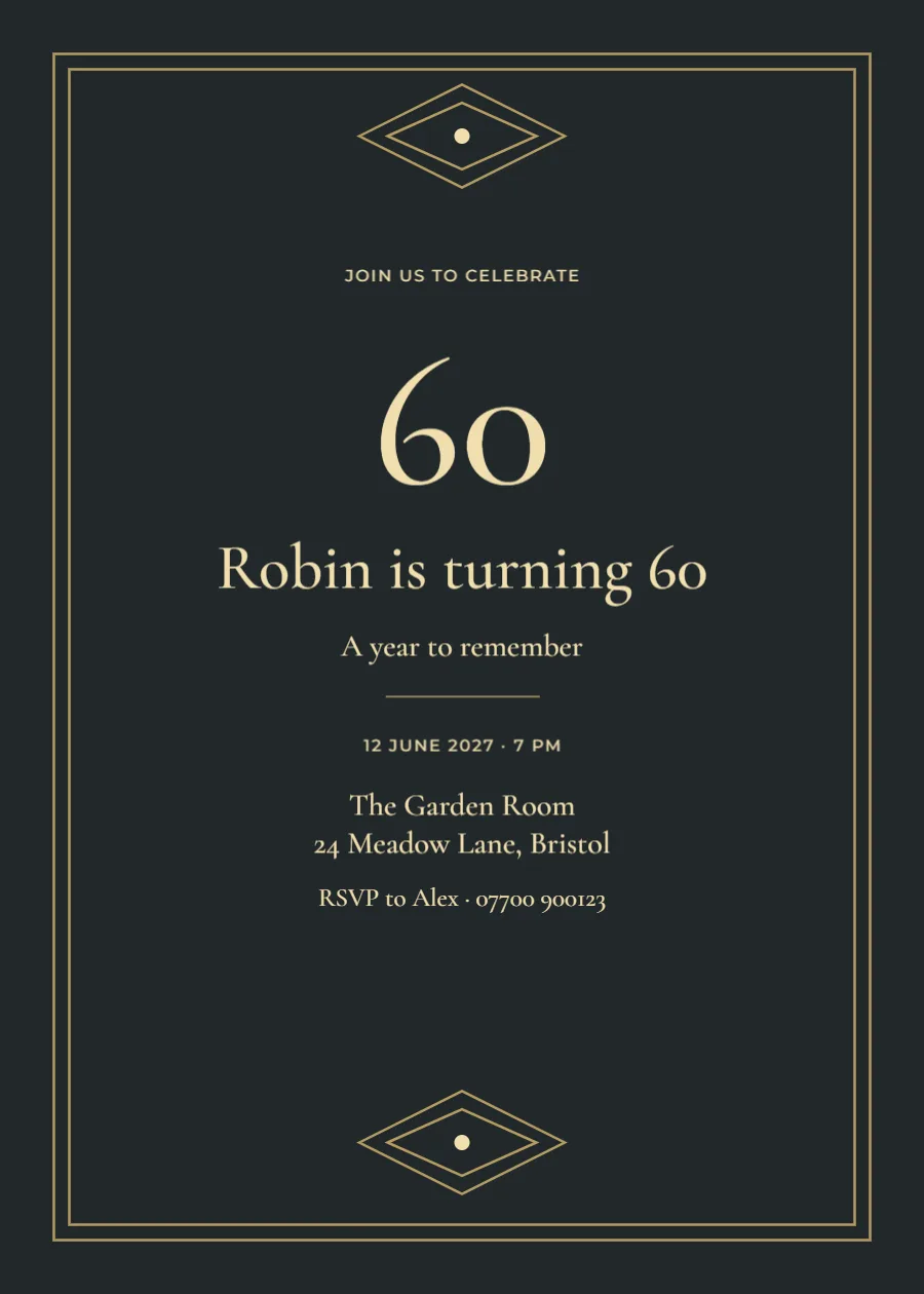 Black tie lights – sixtieth birthday: printable design preview