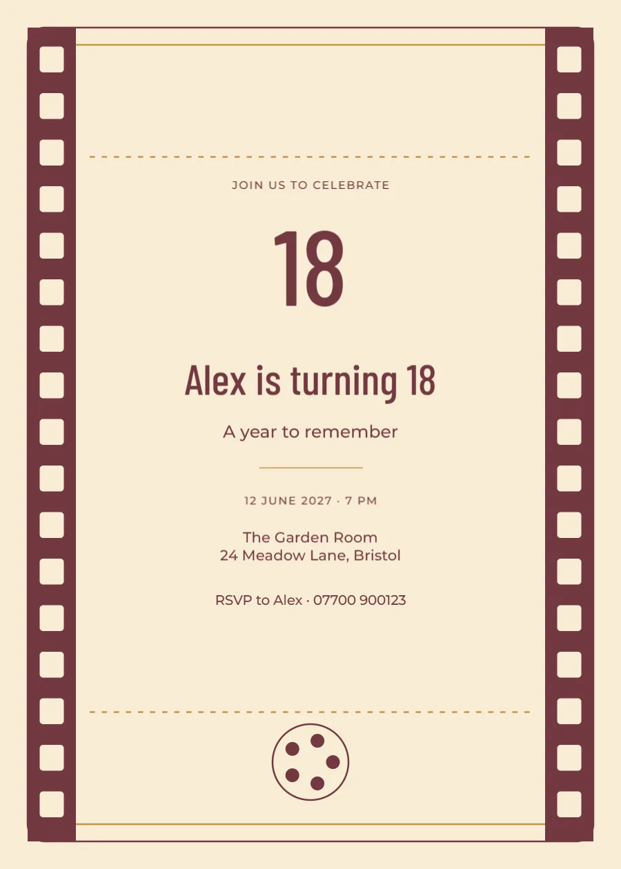 Cinema ticket – eighteenth birthday: printable design preview