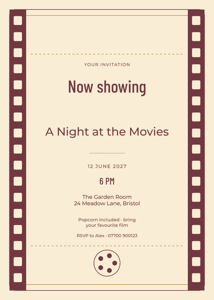 Cinema ticket – movie night: printable design preview