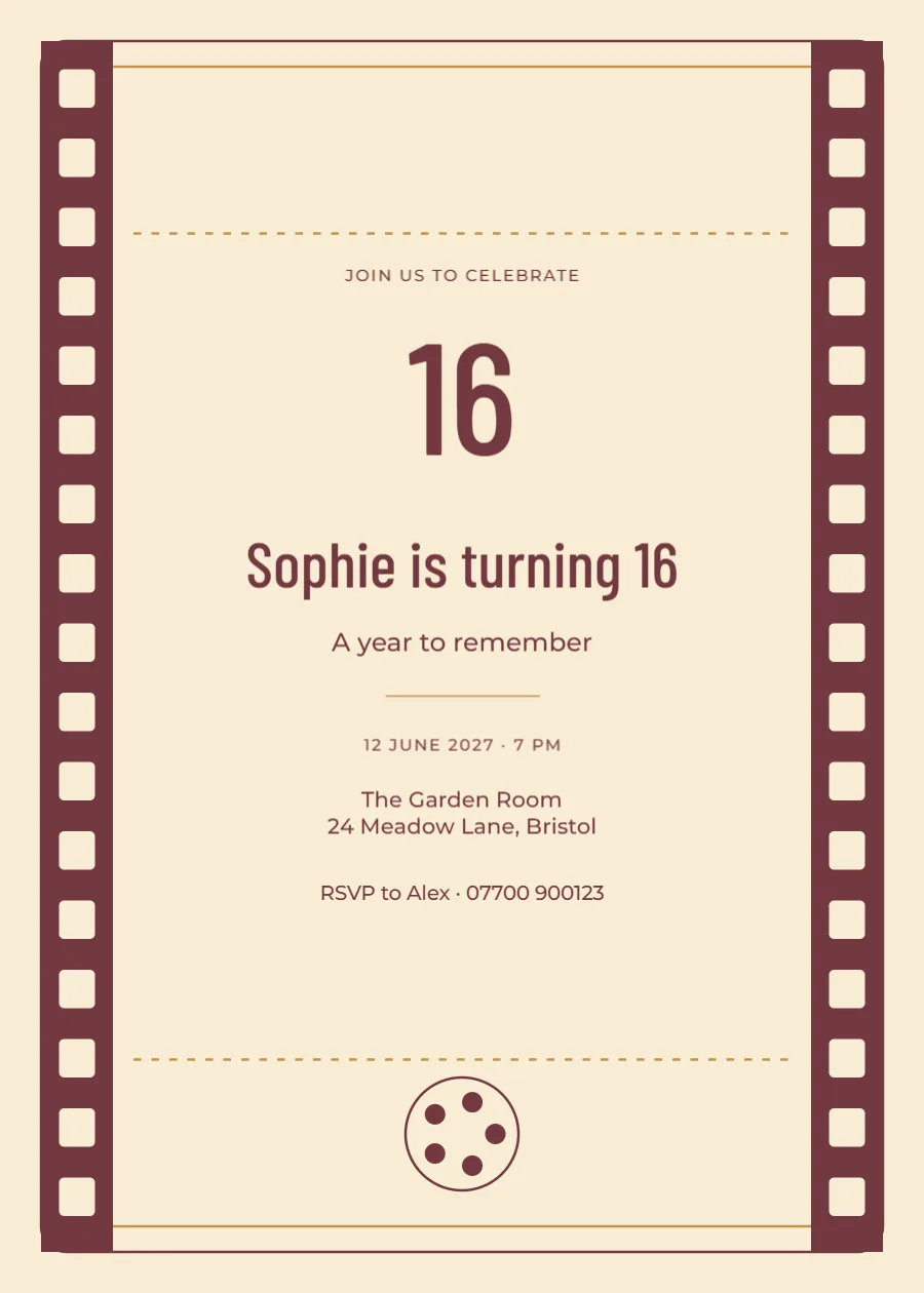Cinema ticket – sixteenth birthday: printable design preview