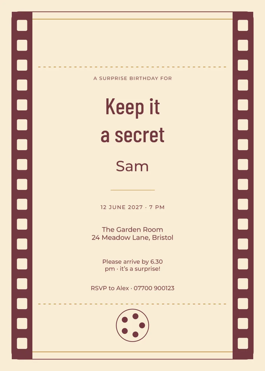 Cinema ticket – surprise birthday: printable design preview