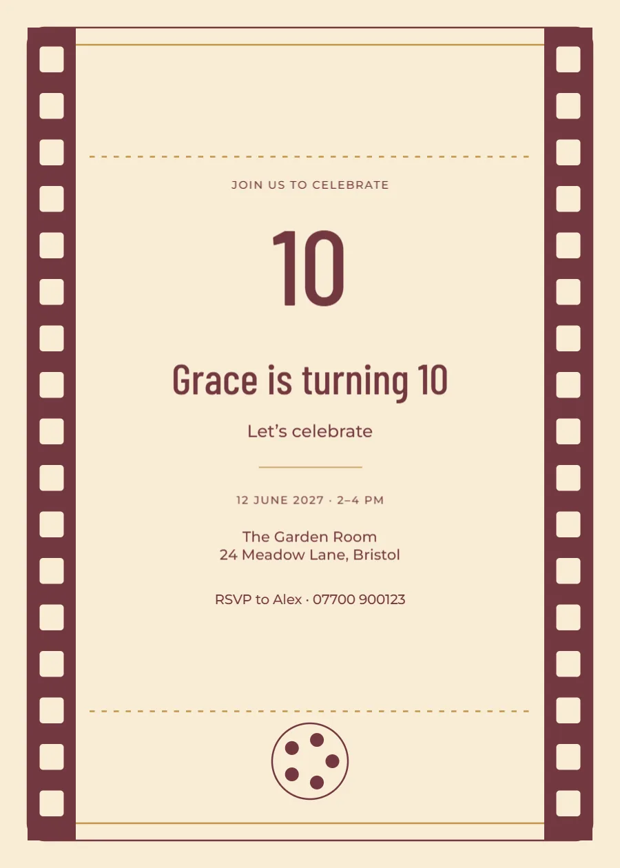 Cinema ticket – tenth birthday: printable design preview