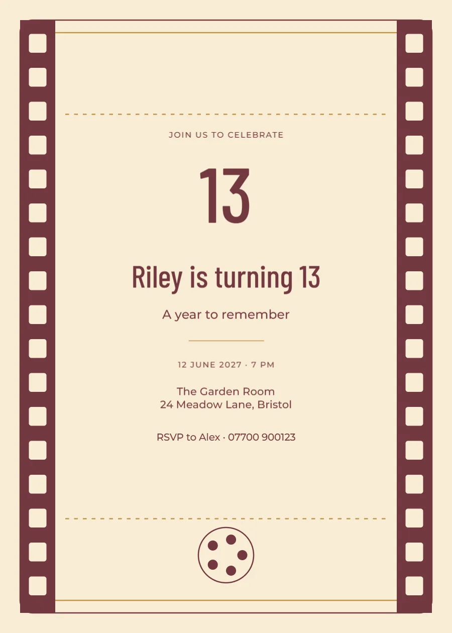 Cinema ticket – thirteenth birthday: printable design preview