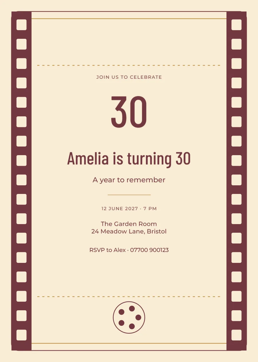 Cinema ticket – thirtieth birthday: printable design preview