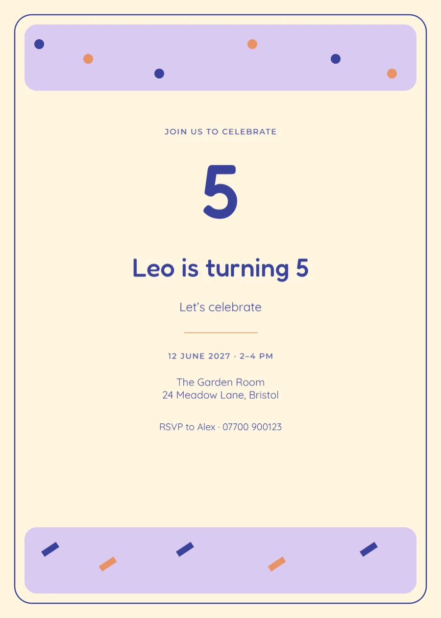 Confetti club – fifth birthday: printable design preview