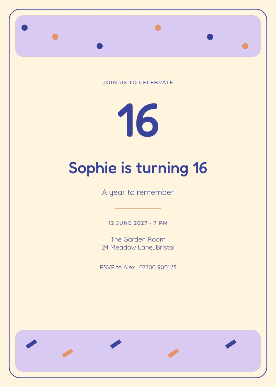 Confetti club – sixteenth birthday: printable design preview