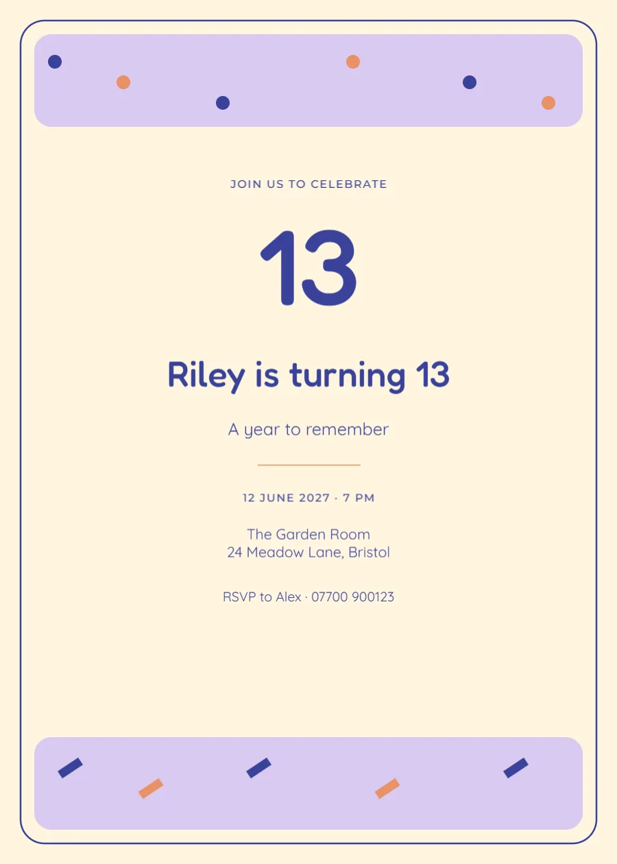 Confetti club – thirteenth birthday: printable design preview