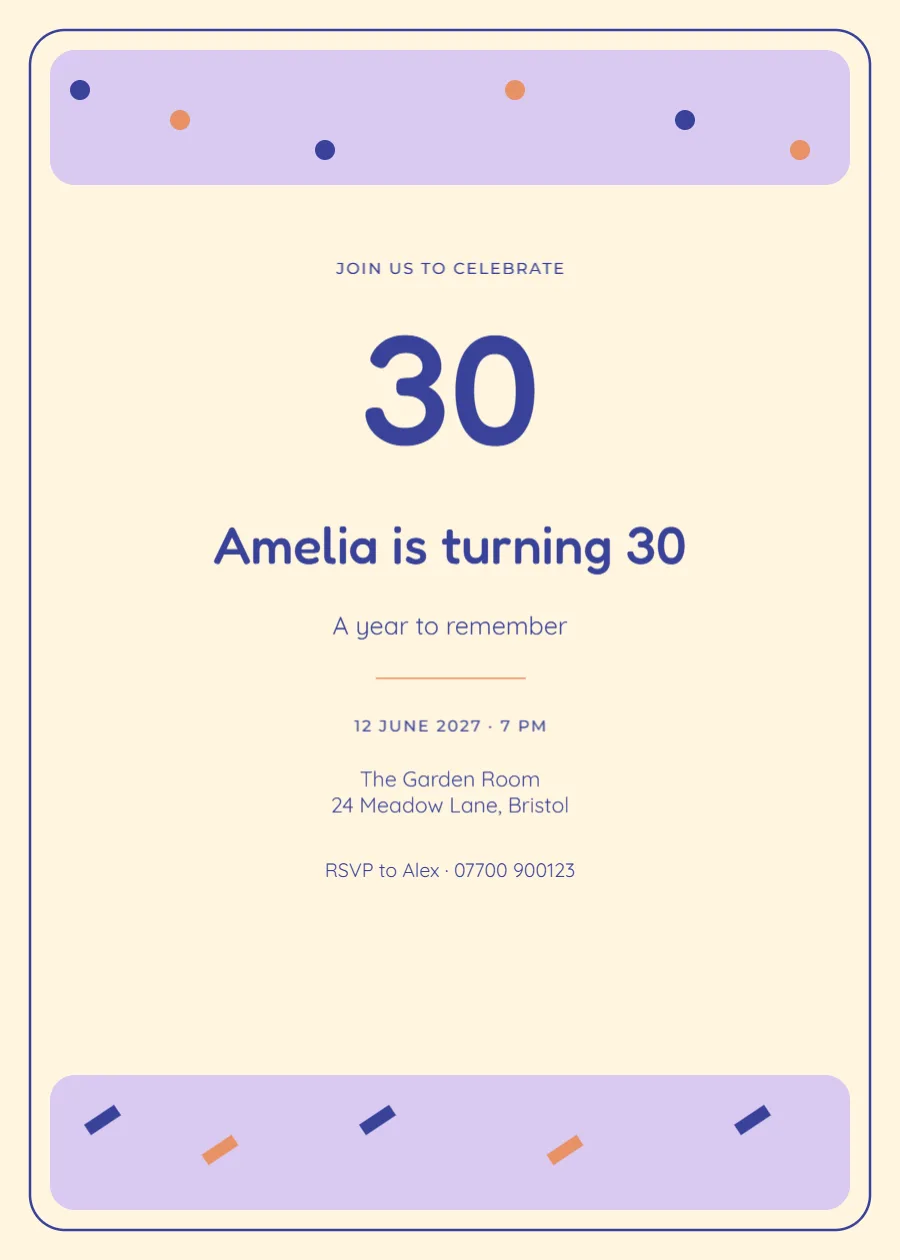 Confetti club – thirtieth birthday: printable design preview