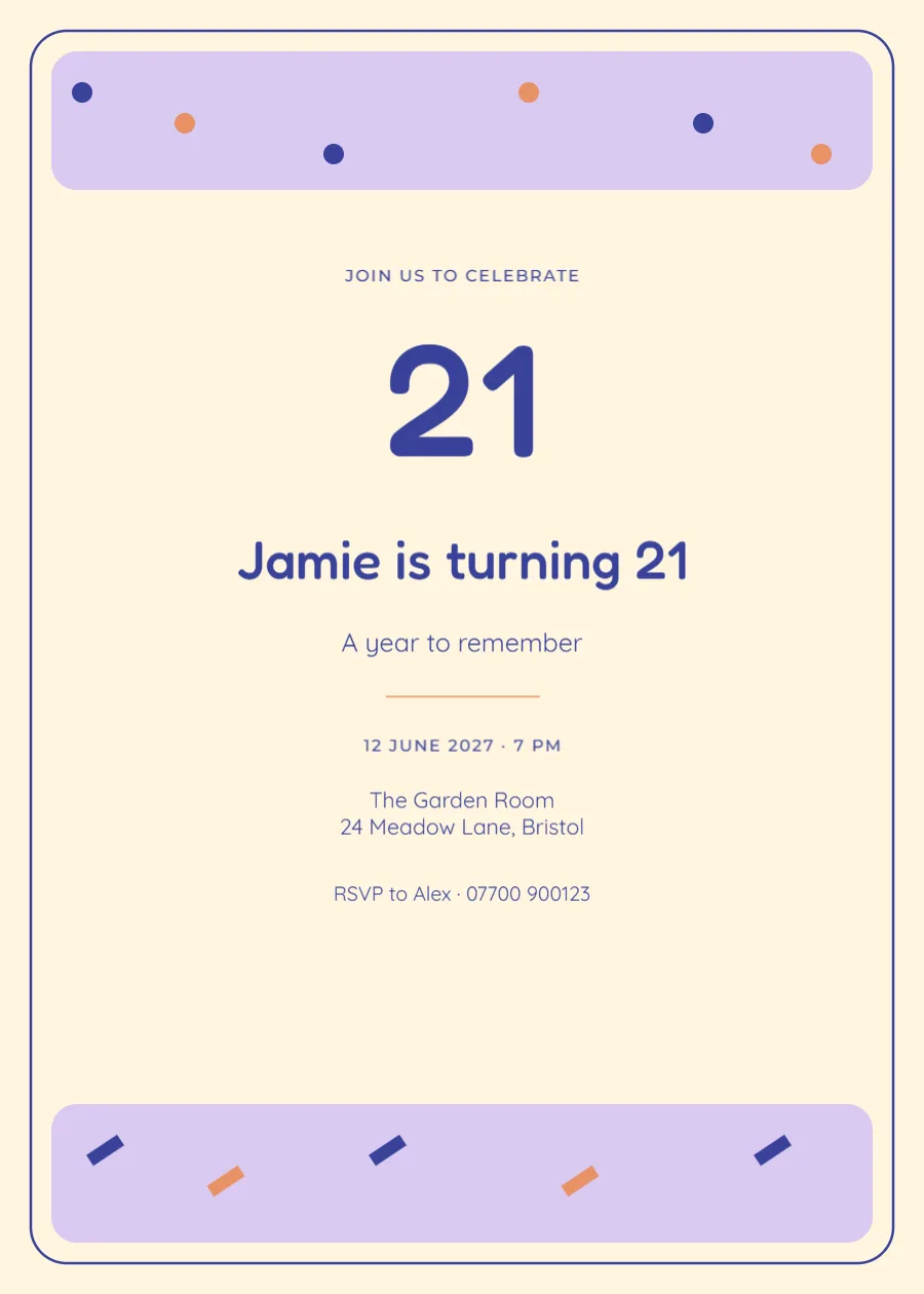 Confetti club – twenty-first birthday: printable design preview
