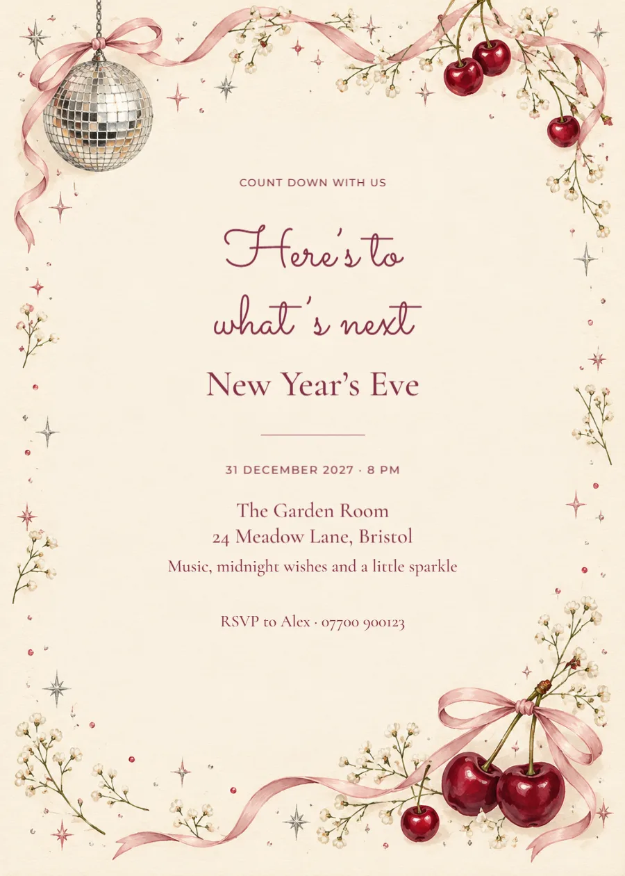 Disco cherries – New Year party: printable design preview