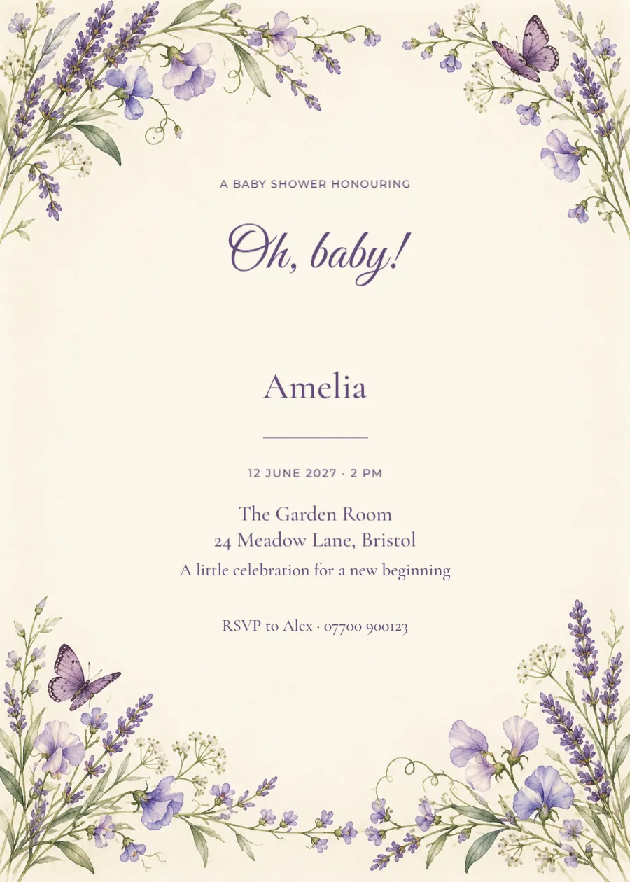 Lavender garden – baby shower: printable design preview