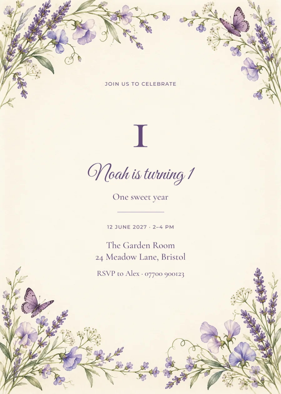 Lavender garden – first birthday: printable design preview