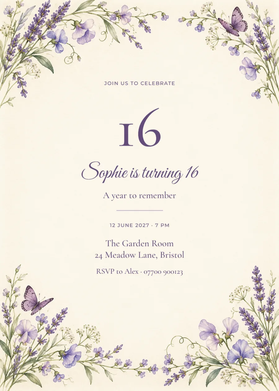 Lavender garden – sixteenth birthday: printable design preview