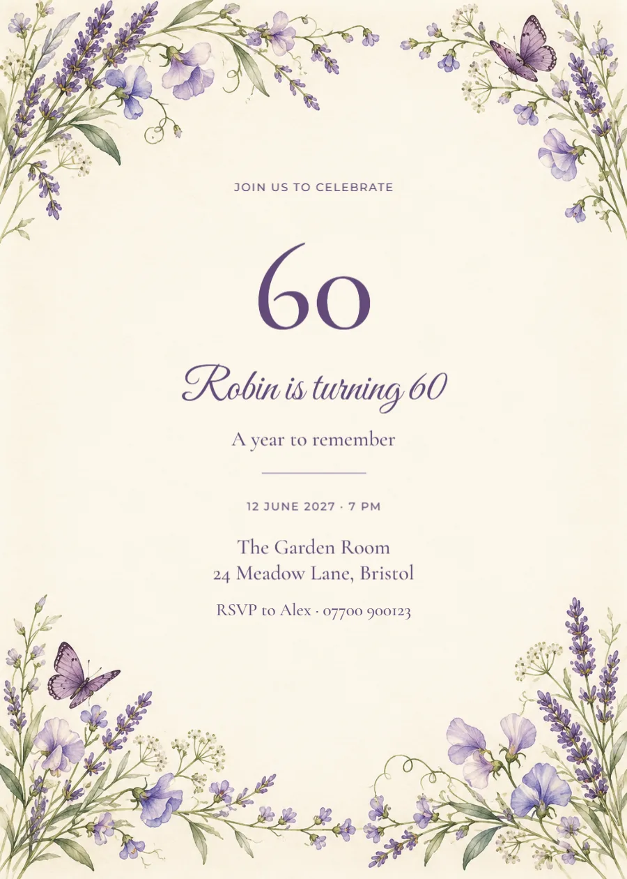 Lavender garden – sixtieth birthday: printable design preview