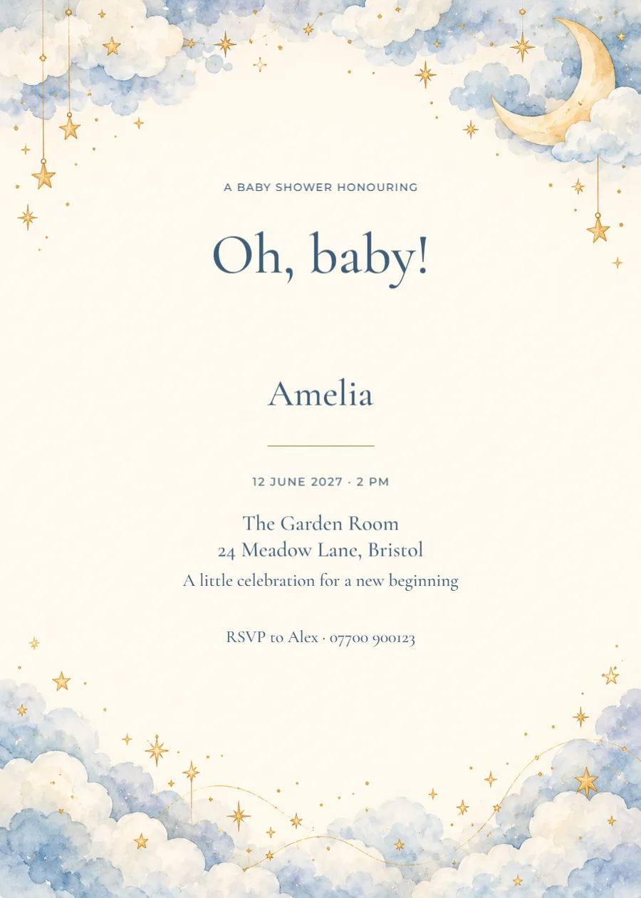 Moonlit clouds – baby shower: printable design preview