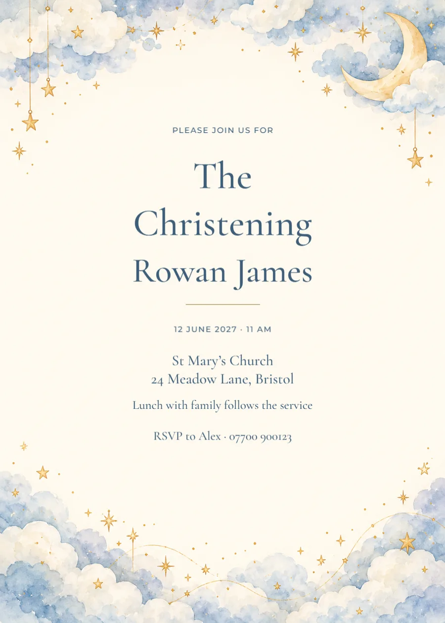 Moonlit clouds – christening: printable design preview