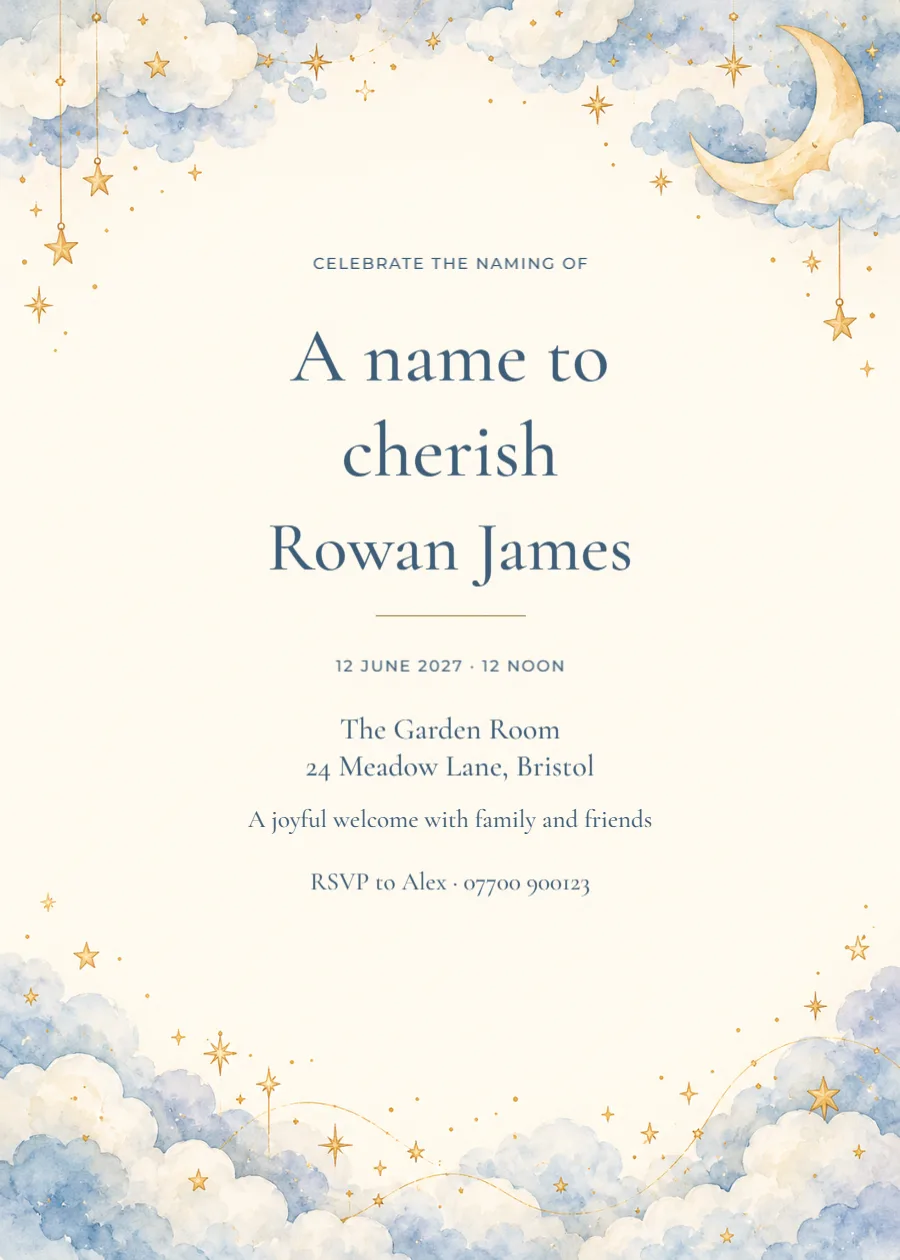 Moonlit clouds – naming day: printable design preview