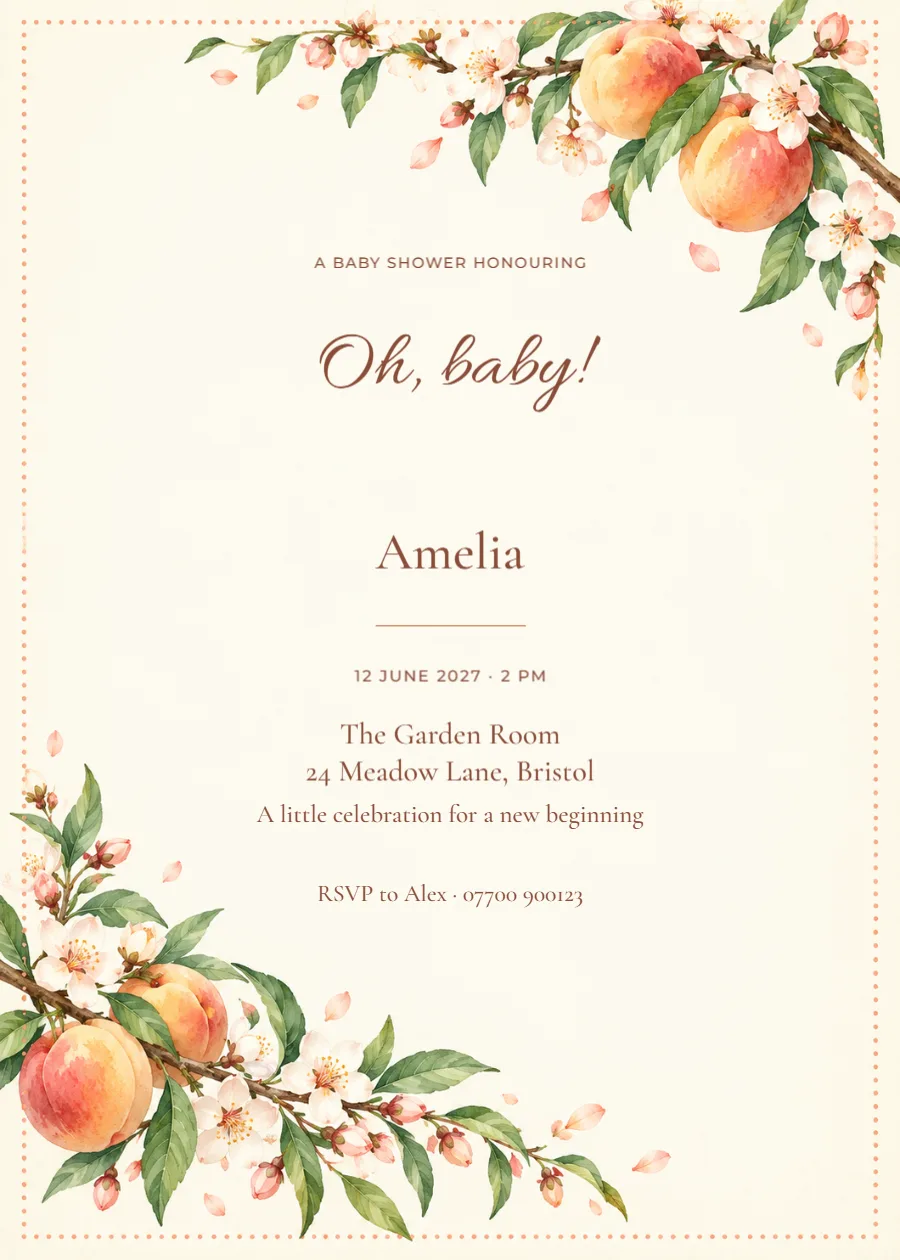 Peach orchard – baby shower: printable design preview
