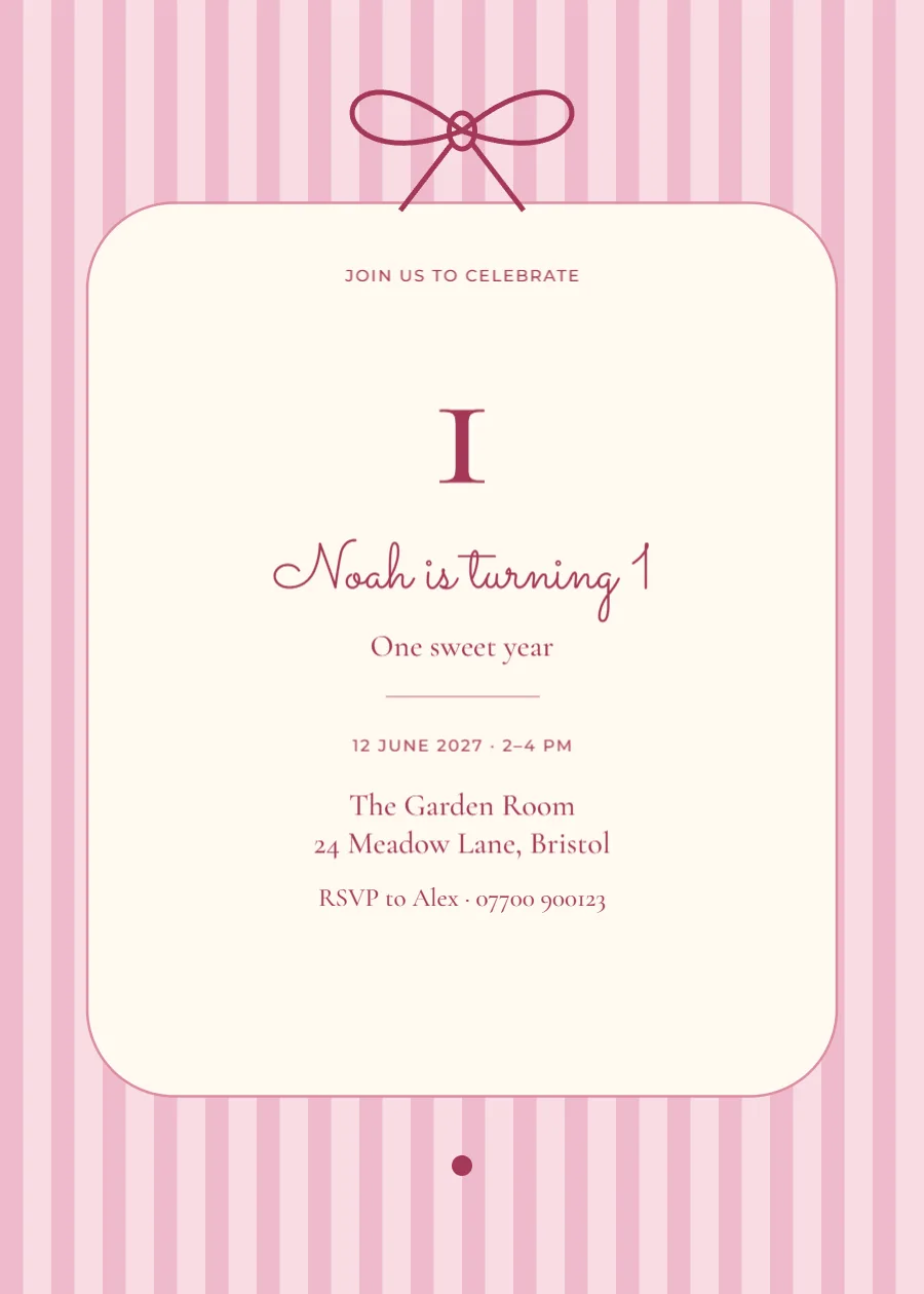 Pink pinstripe – first birthday: printable design preview