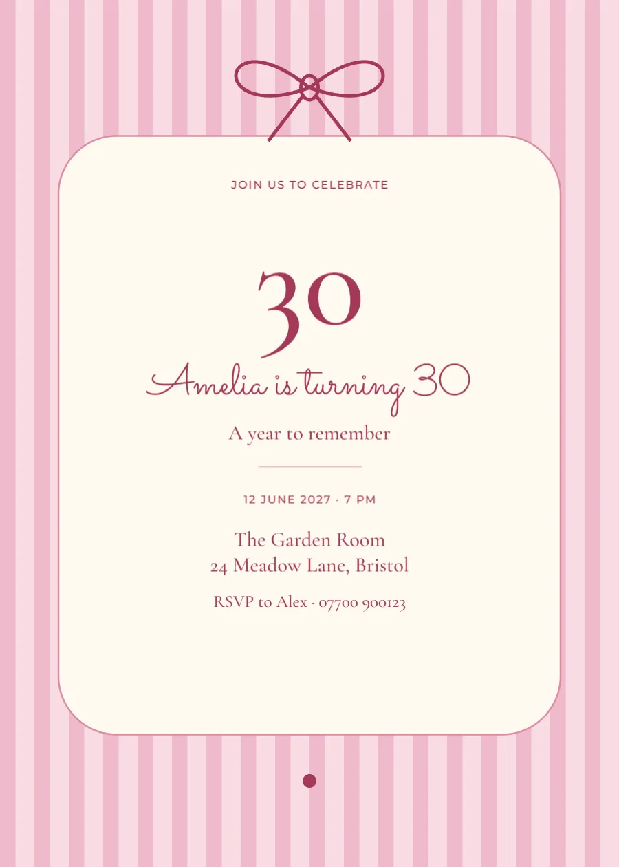 Pink pinstripe – thirtieth birthday: printable design preview