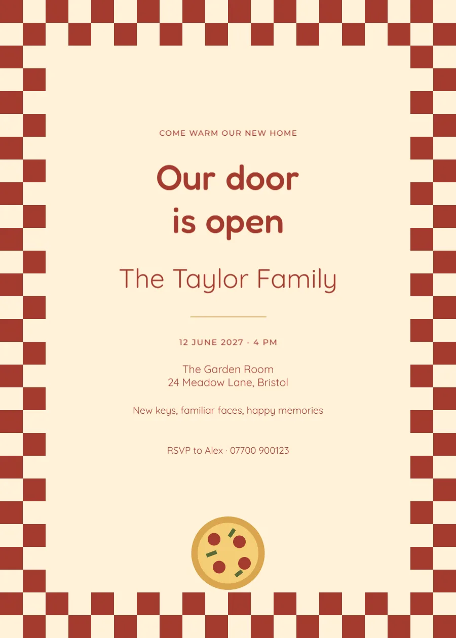 Pizza checker – housewarming: printable design preview