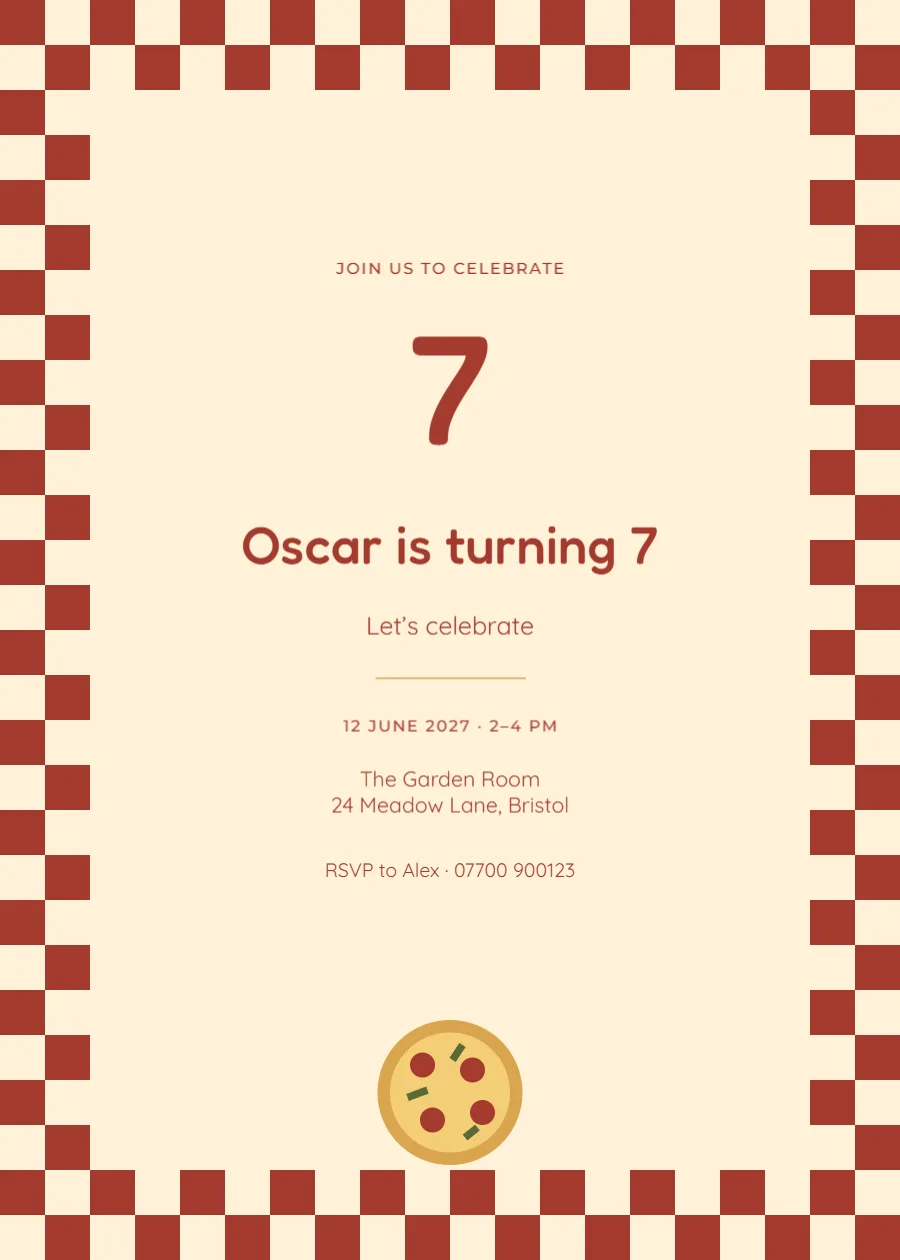 Pizza checker – seventh birthday: printable design preview