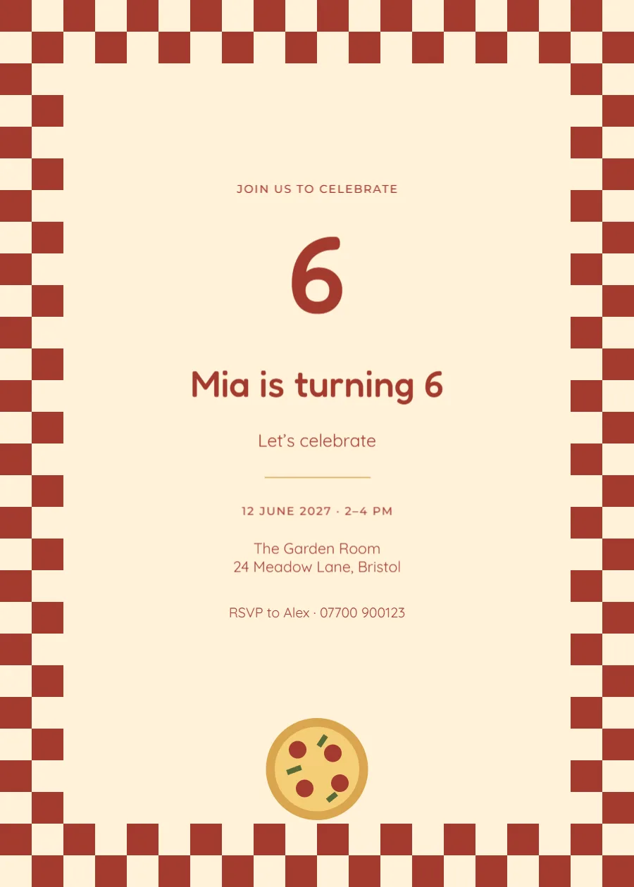 Pizza checker – sixth birthday: printable design preview