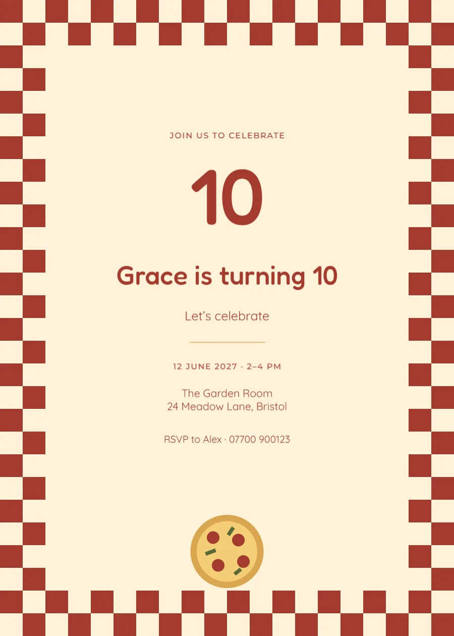 Pizza checker – tenth birthday: printable design preview