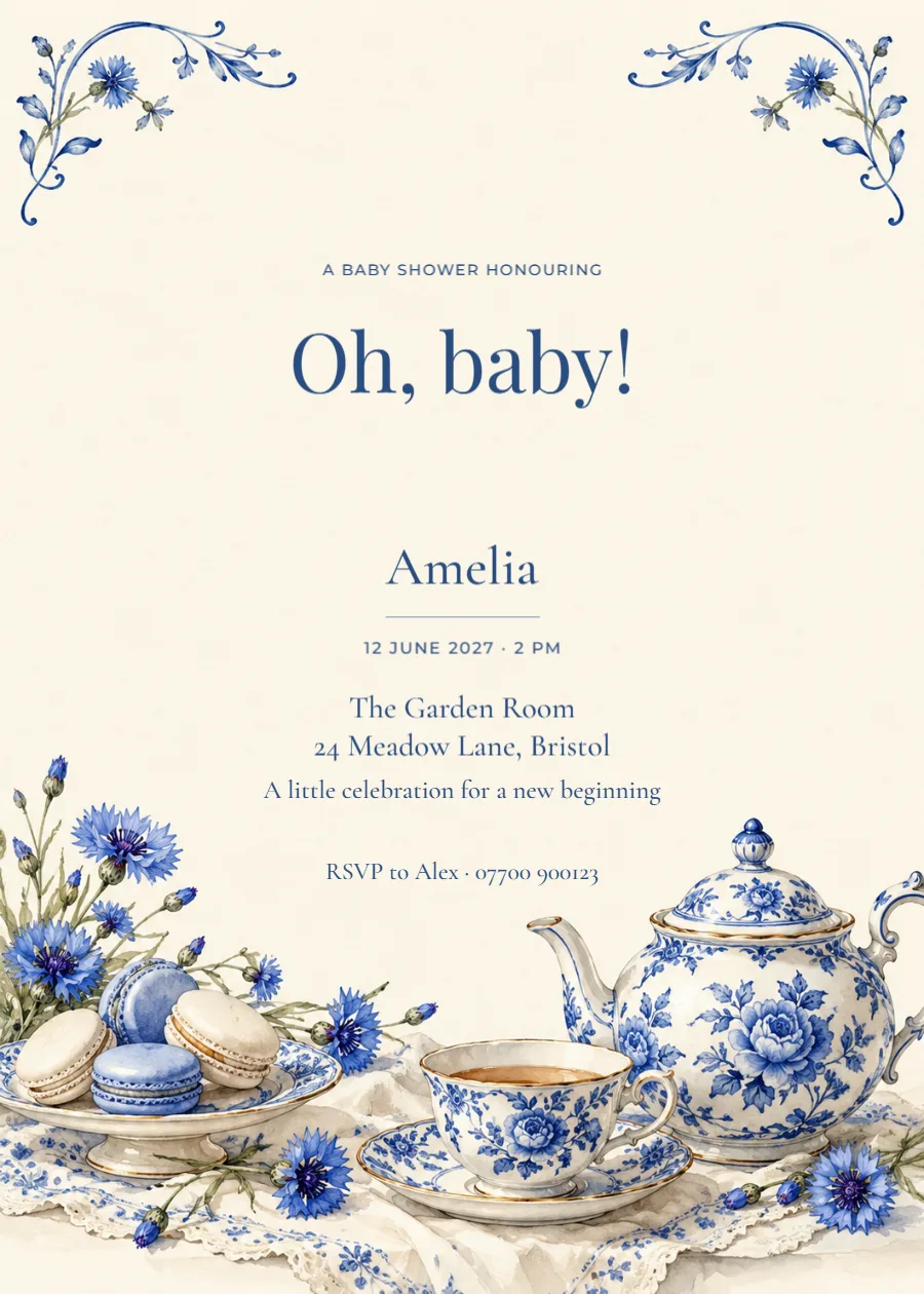 Porcelain tea – baby shower: printable design preview