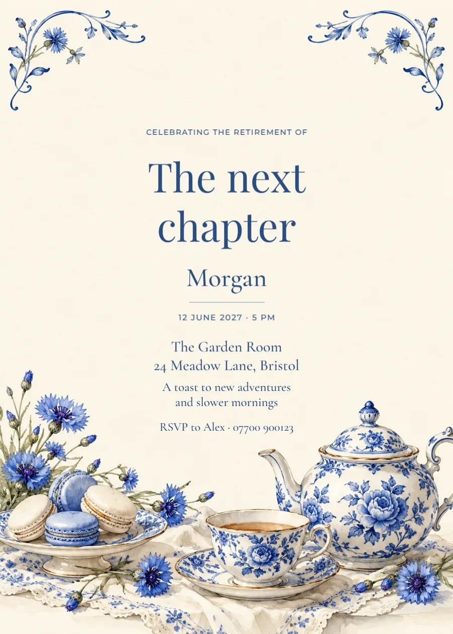 Porcelain tea – retirement party: printable design preview