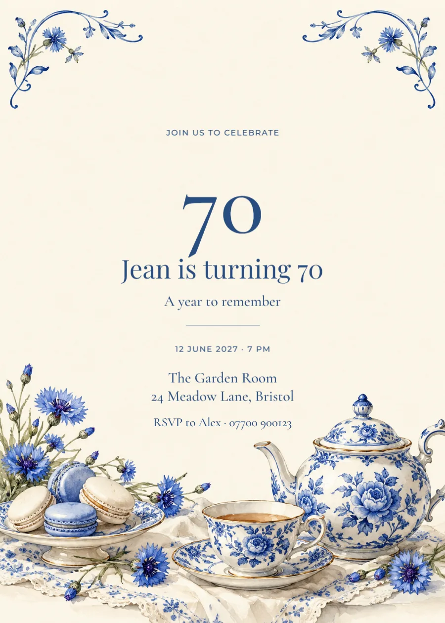 Porcelain tea – seventieth birthday: printable design preview